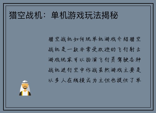 猎空战机：单机游戏玩法揭秘